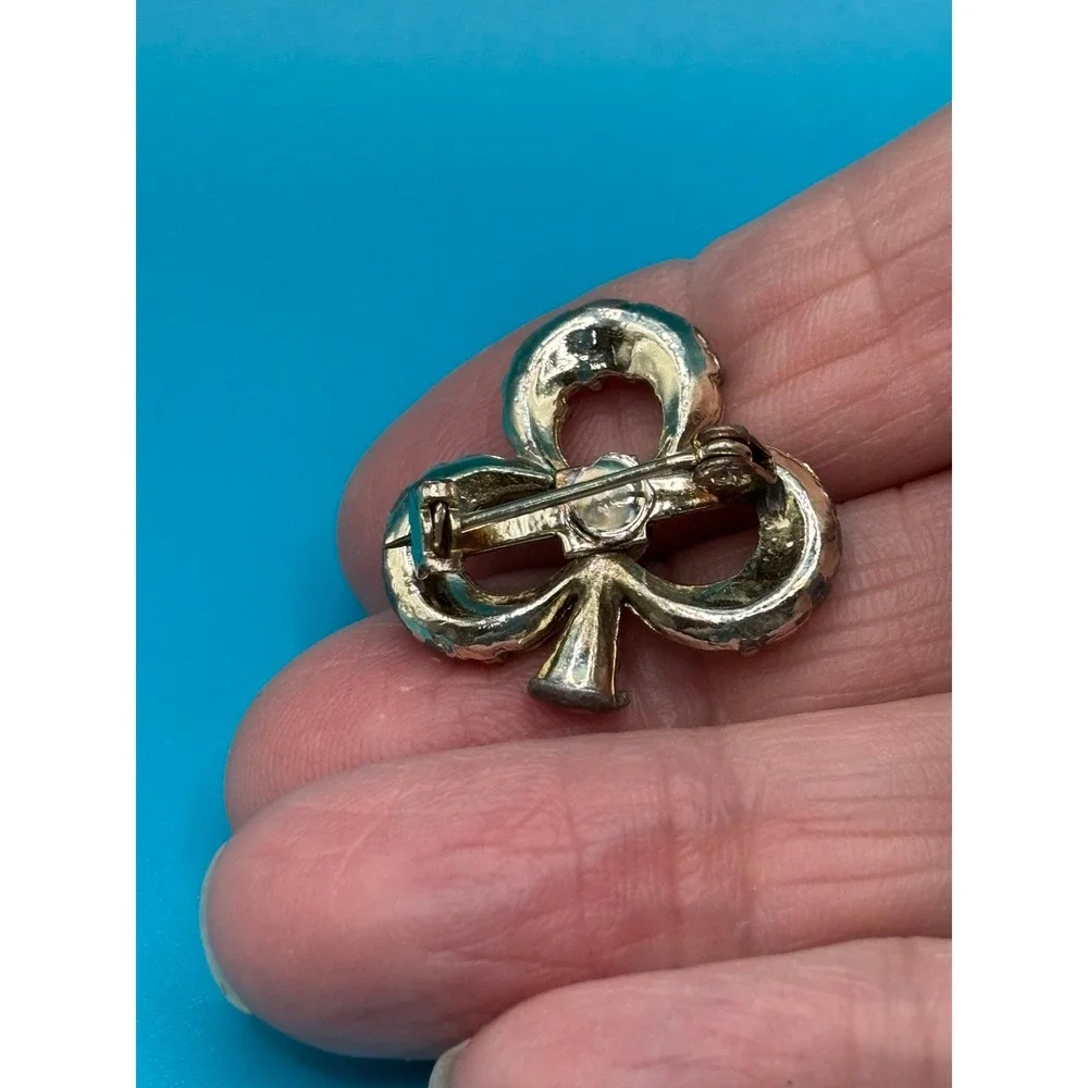 Vintage‎ Green Clover Pin Brooch Rhinestone Lucky Charm READ